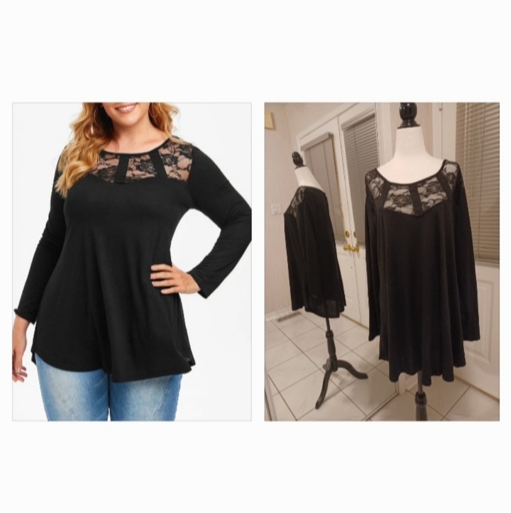 Rosegal Black Lace Yoke Long Sleeve Tunic Top